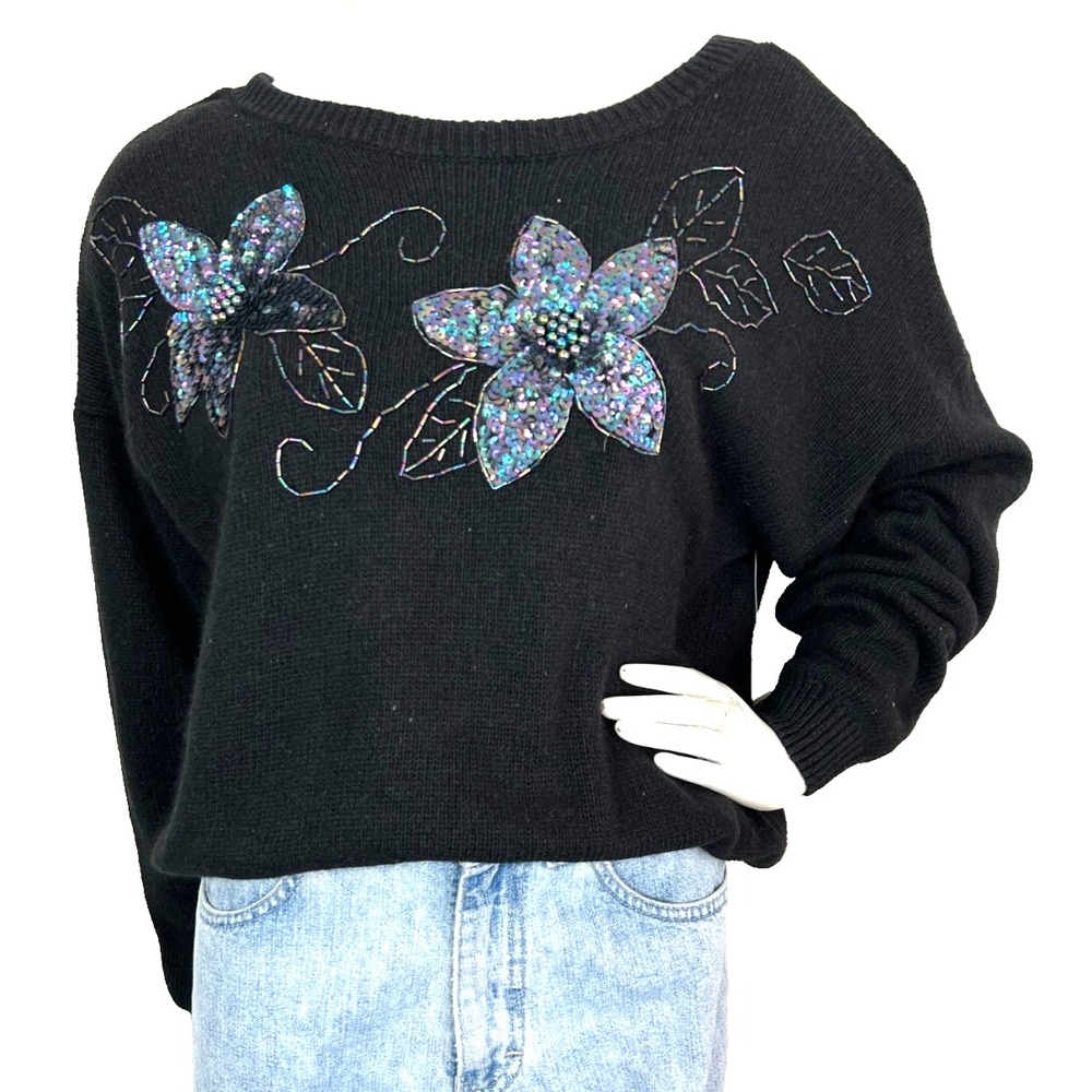 VTG 80s Amanda Smith II Silk Angora Sequin Flower Sweater NWT Black Plus Size 20